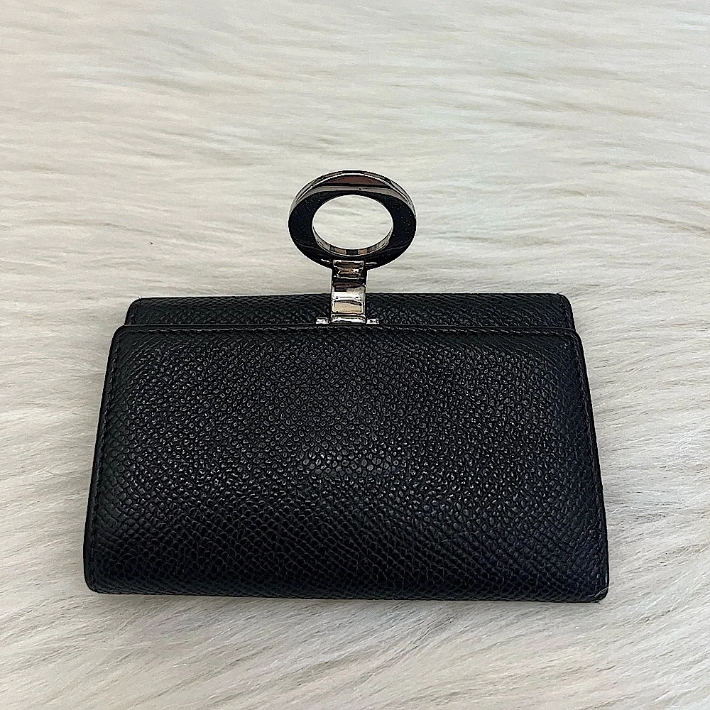 BVLGARI - BLACK SILVER TEXTURED LEATHER COMPACT KEY HOLDER CASE WALLET